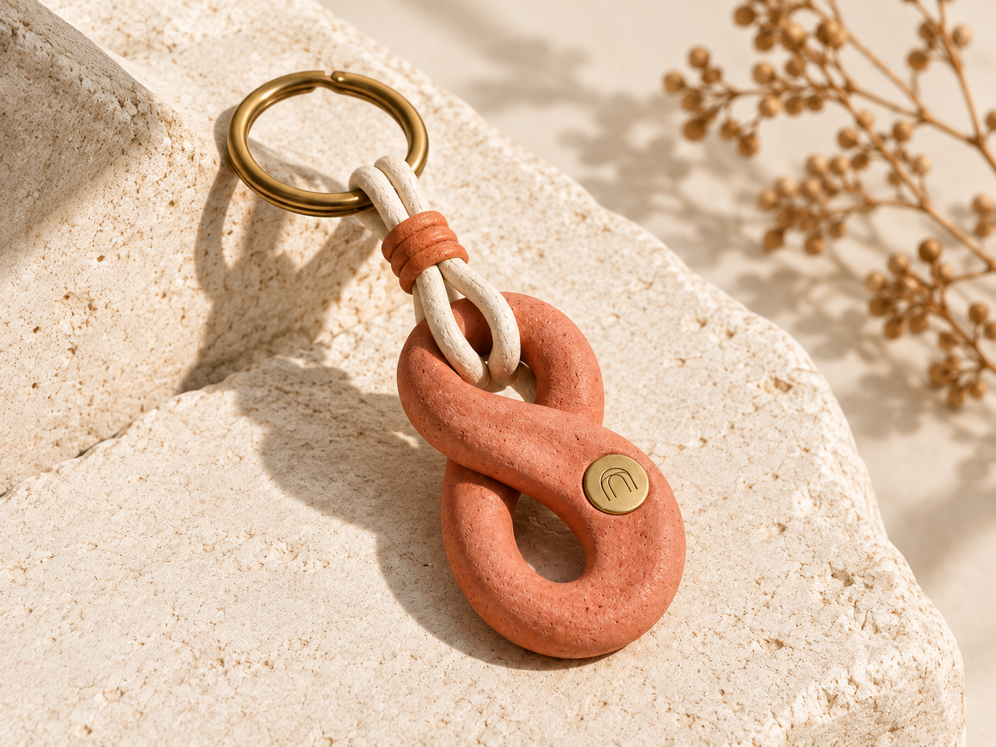 Handcrafted coral Loop NFC keychain on pale limestone